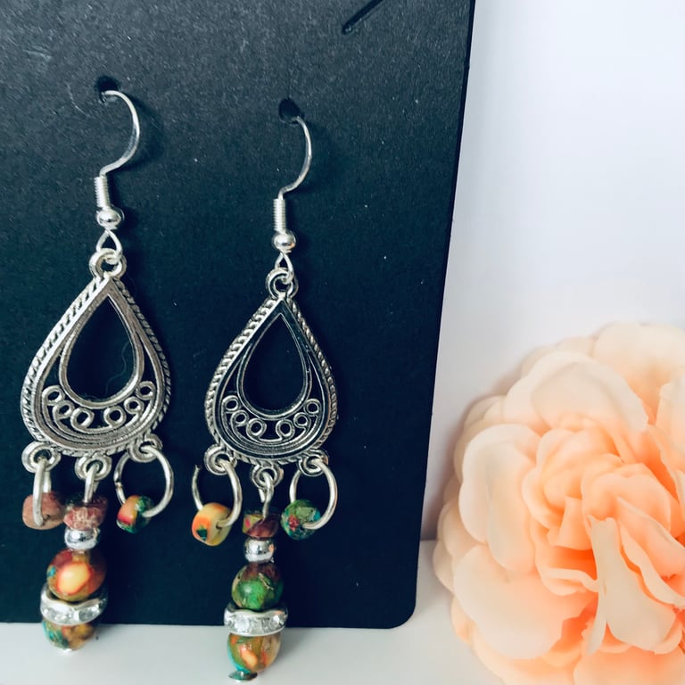  Silver Bohemian Earrings Semi Precious Natural Imperial Jasper, Freepost