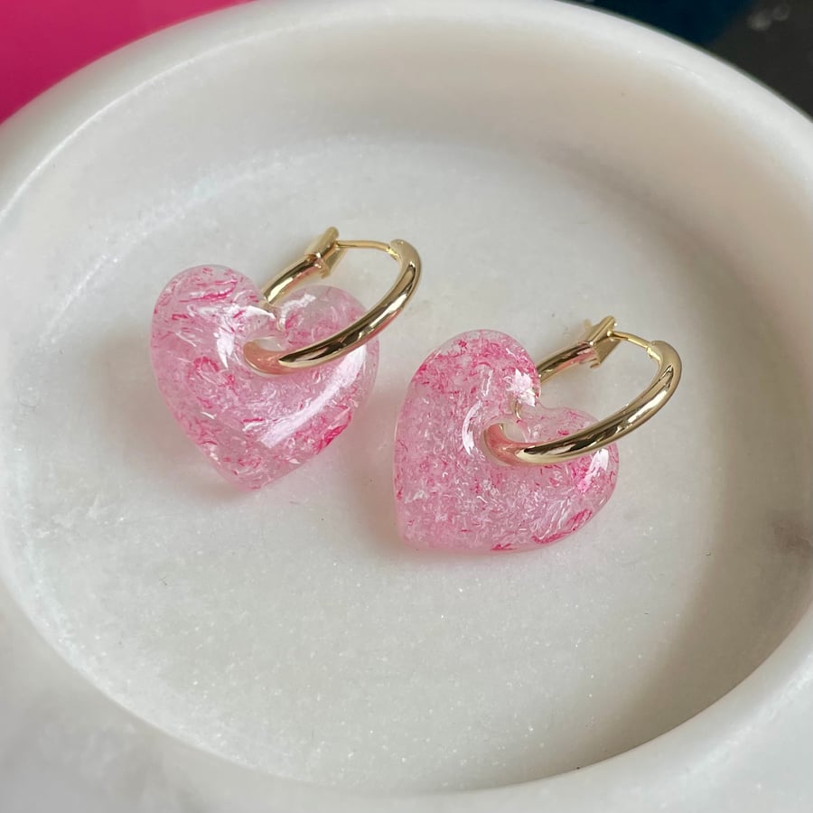 Chunky heart hoops – pink & white pattern, statement hoop earrings
