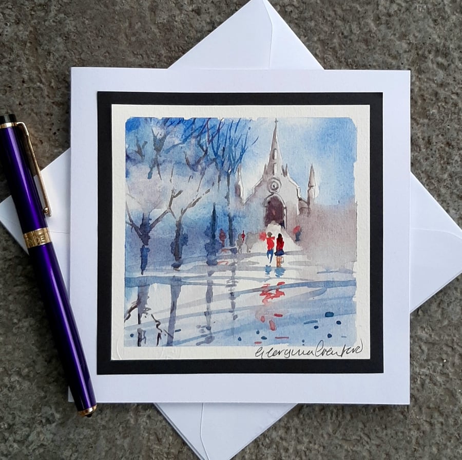 Blank Card. Rainy Trees. Handpainted Card Keepsake. Handmade Card