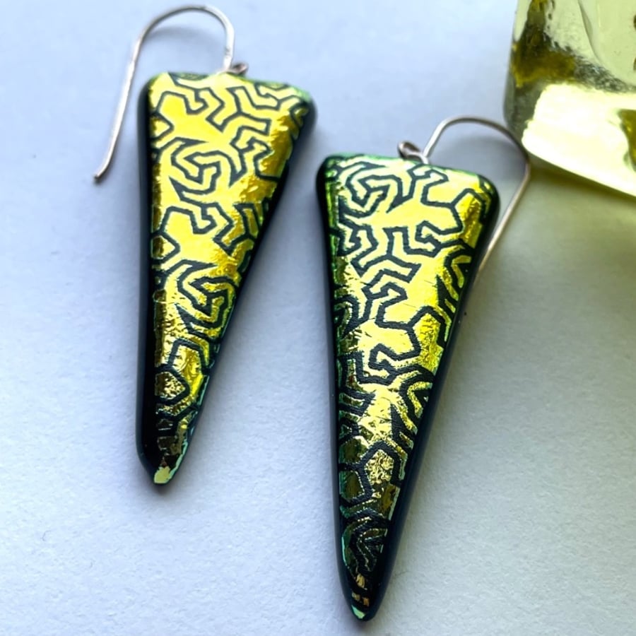 Escher Lizard dichroic glass earrings 