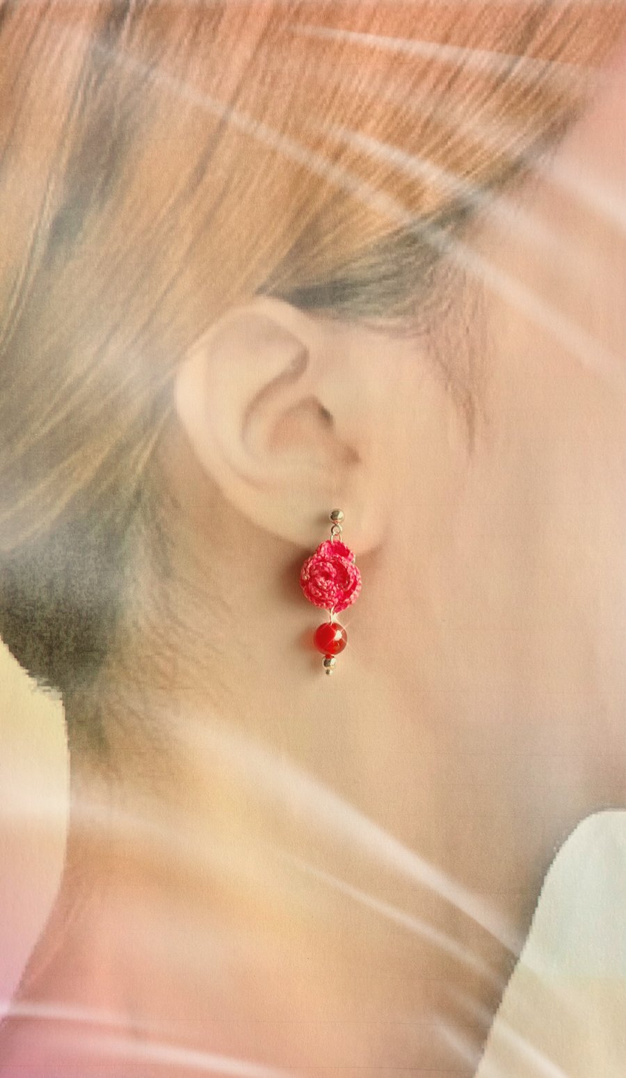 Red Carnelian Microcrochet Rose Stud Earrings 