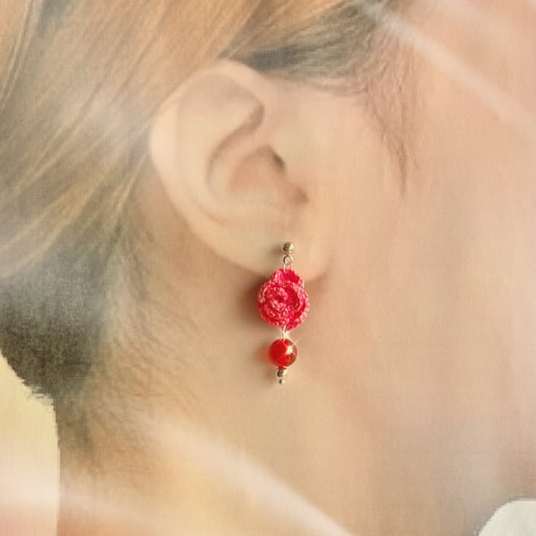 Red Carnelian Microcrochet Rose Stud Earrings 