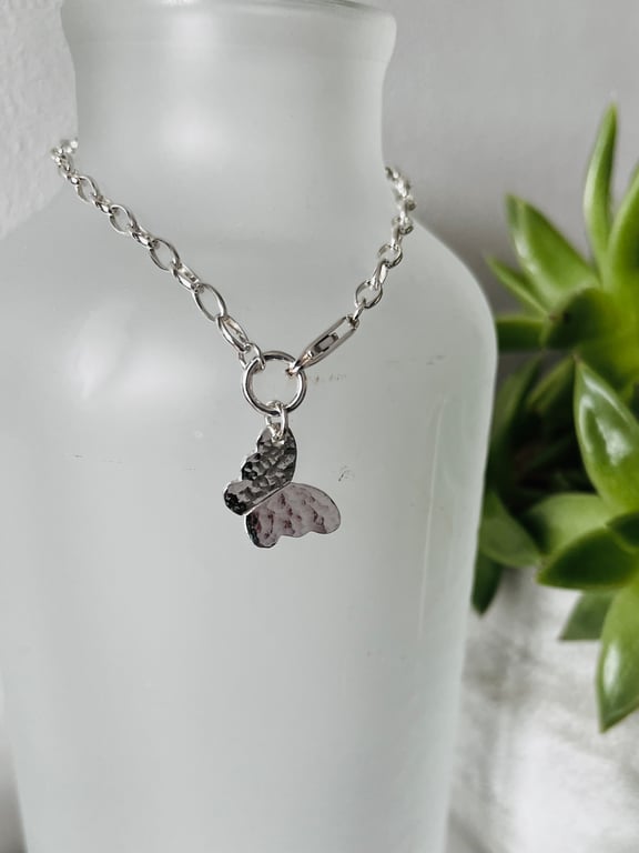 Hammered Butterfly Charm Sterling Silver Bracelet 