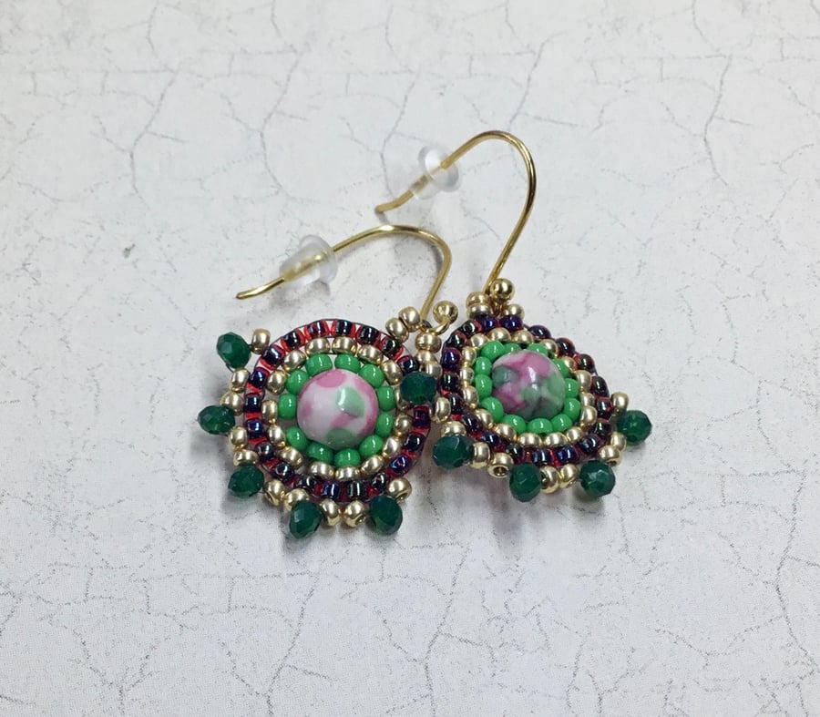 Pink and Green Rainflower Stone Earrings