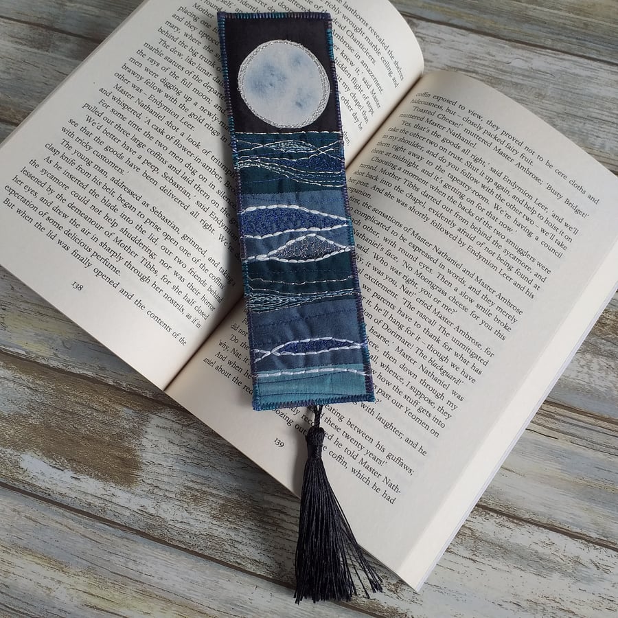  Embroidered Silk Bookmark, Moonlit Seascape Bookmark