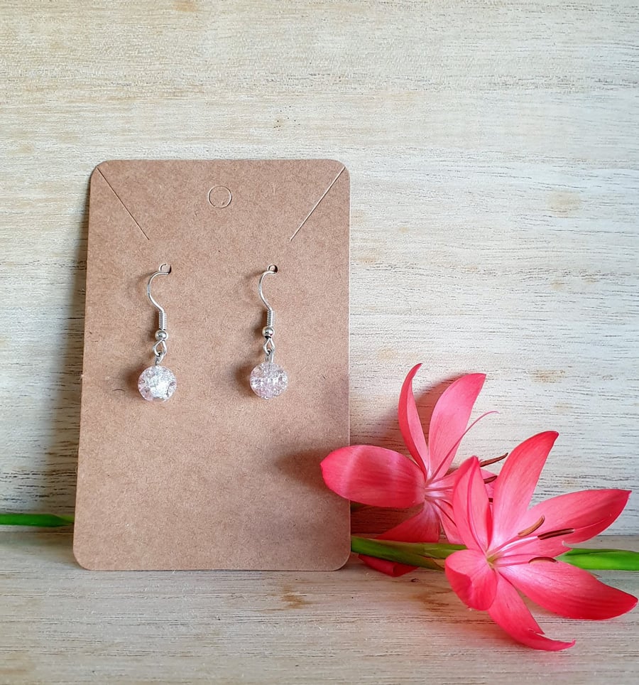 Pink White Crackle Glass Drop Earrings
