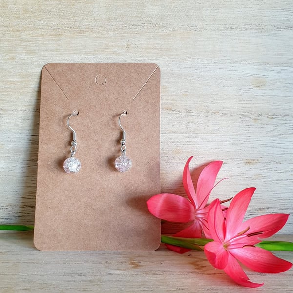 Pink White Crackle Glass Drop Earrings