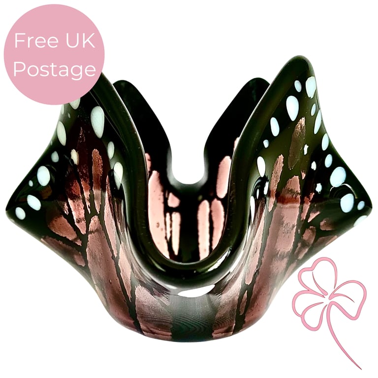 Handmade Plum Fused Glass Butterfly Handkerchief Candle Holder