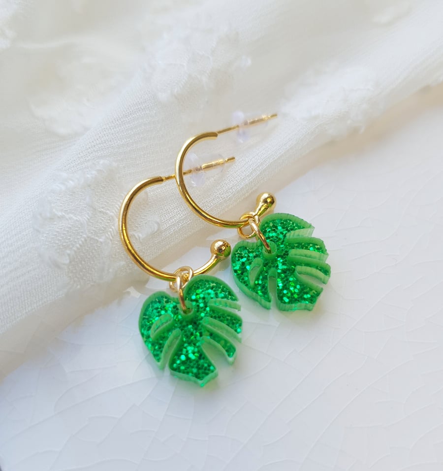 Green Glitter Encrusted Resin Leaf Hoop Earrings - Gold Hoop