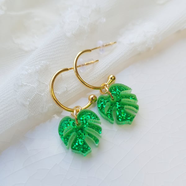 Green Glitter Encrusted Resin Leaf Hoop Earrings - Gold Hoop