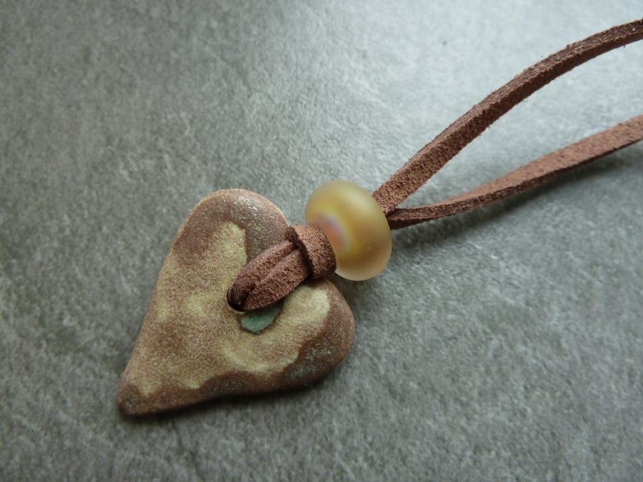 brown faux suede necklace, ceramic heart pendant