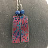 Red and blue anodised aluminium cow parsley rectangle earrings with blue pearl