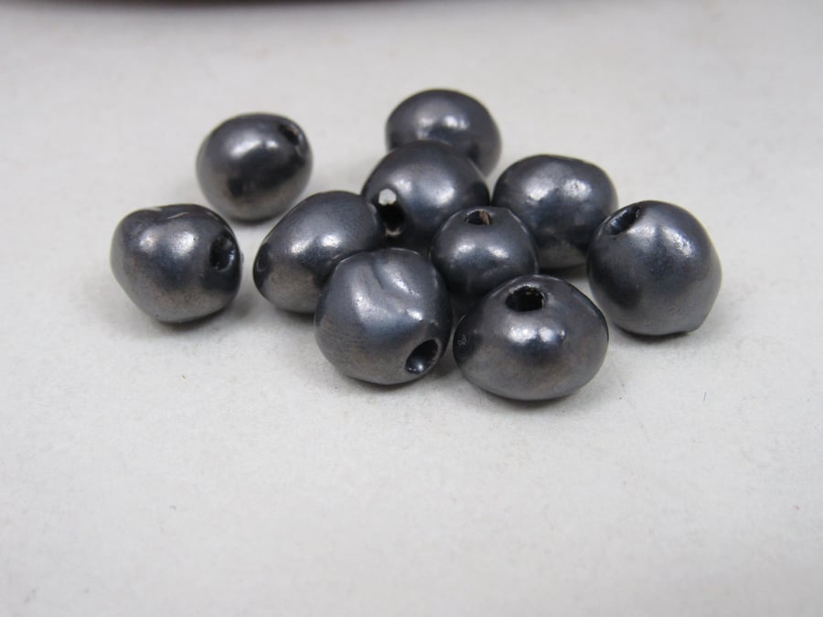 10 Small Metallic Pewter Glazed Clay Beads