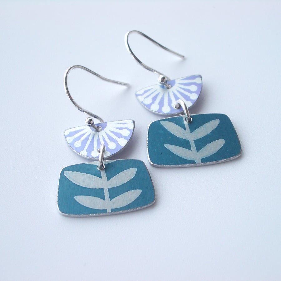 Purple and teal folk art flower earrings 