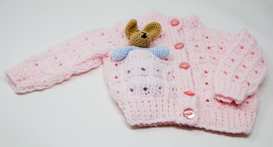 Pastel Pink Chunky Baby Cardigan with Bunny