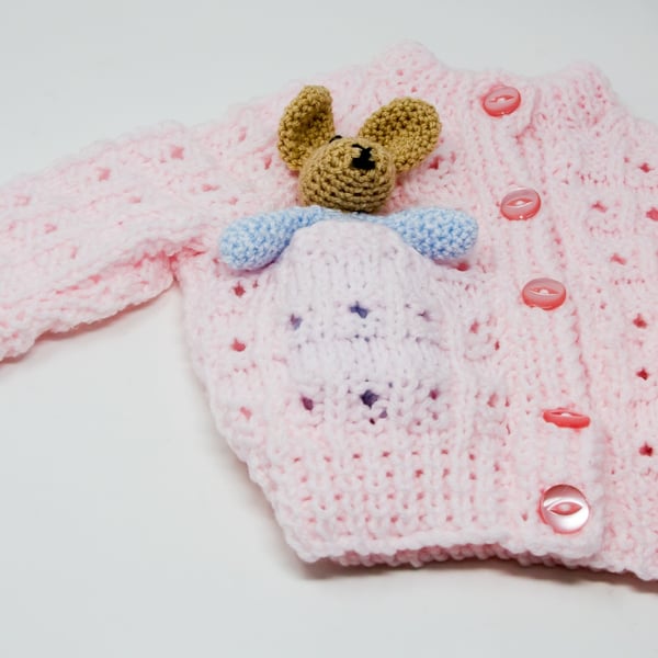 Pastel Pink Chunky Baby Cardigan with Bunny