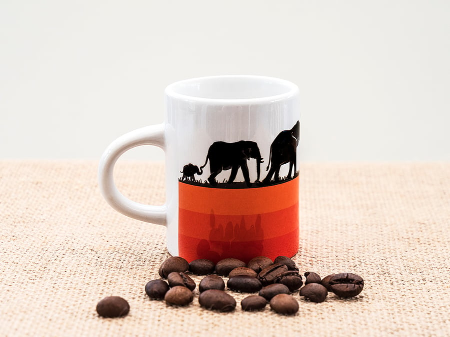 Elephant Family Espresso Coffee Mug with African Wild Animals Wildlife.