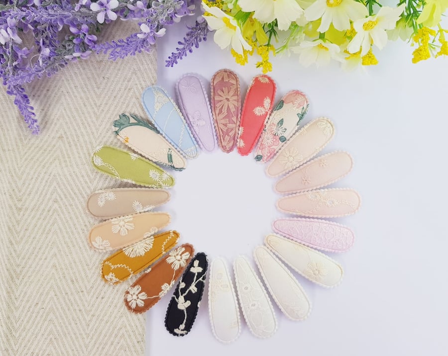 A set of 3 Embroidery or Lace Snap Clips, Baby Toddler Snap Hair Fringe Clips