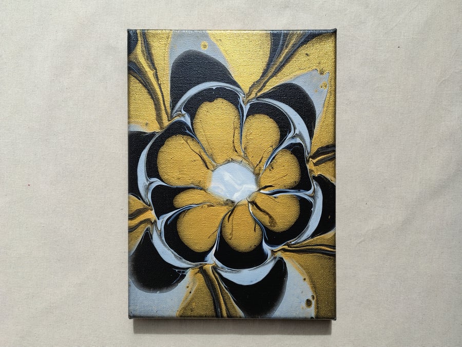 Acrylic Pour Art Canvas, Wall Art - Black, White and Gold Colour Scheme