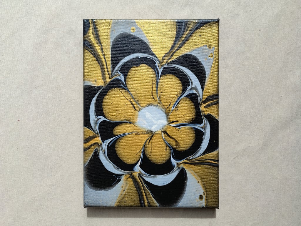 Acrylic Pour Art Canvas, Wall Art - Black, White and Gold Colour Scheme
