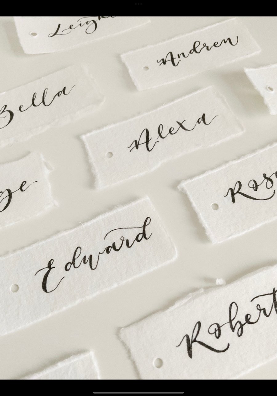 Wedding place cards, handmade paper place tags, calligraphy deckled edge tag
