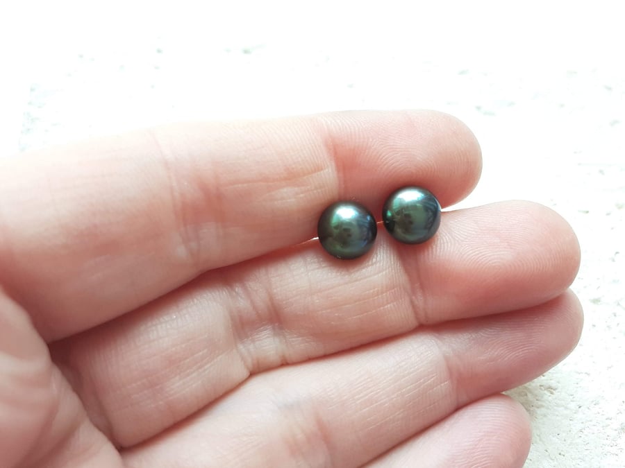 8mm Peacock Green Blue Freshwater Pearl Studs with Sterling Silver Posts