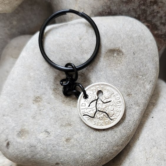 upcycled sixpence coin  keyring or bagcharm with pierced running man