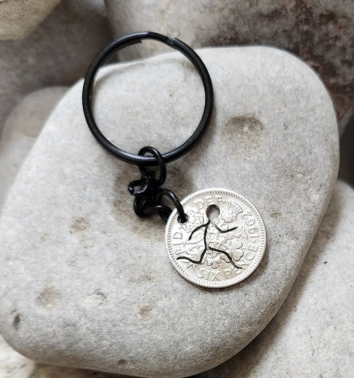 upcycled sixpence coin  keyring or bagcharm with pierced running man