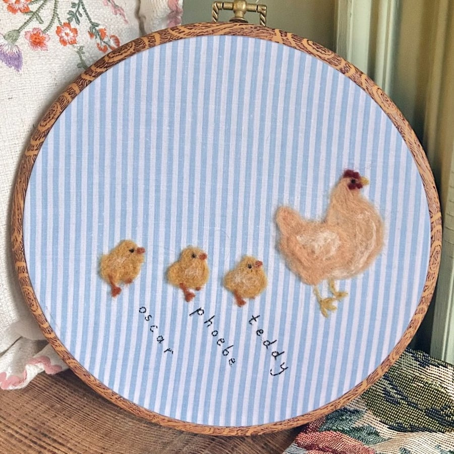 Needle felt 'Chicken and Chicks' Personalised Wall Art