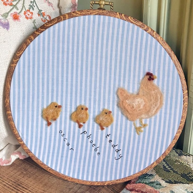 Needle felt 'Chicken and Chicks' Personalised Wall Art