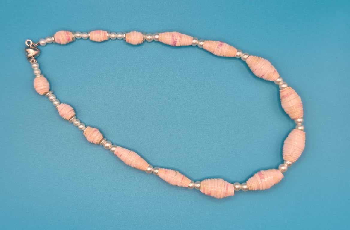 Delicate necklace with pale pink oval paper beads and pearly beads