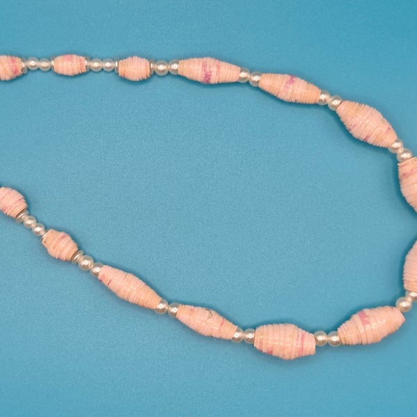 Delicate necklace with pale pink oval paper beads and pearly beads