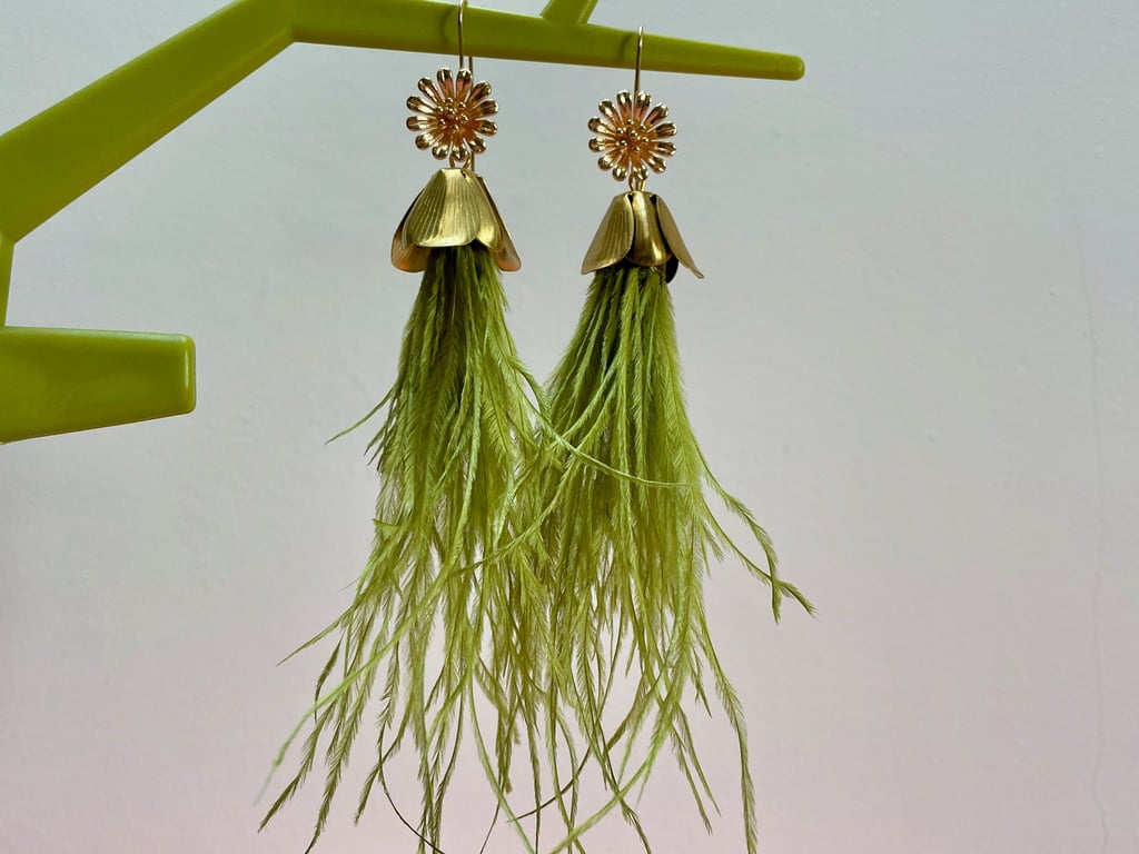Green feather floral earrings disco statement gold tone