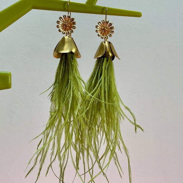 Green feather floral earrings disco statement gold tone