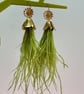 Green feather floral earrings disco statement gold tone