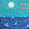 Boat Birthday Card, Sea Card, Sailing Boats Art Card, Blank Birthday Card, Moon