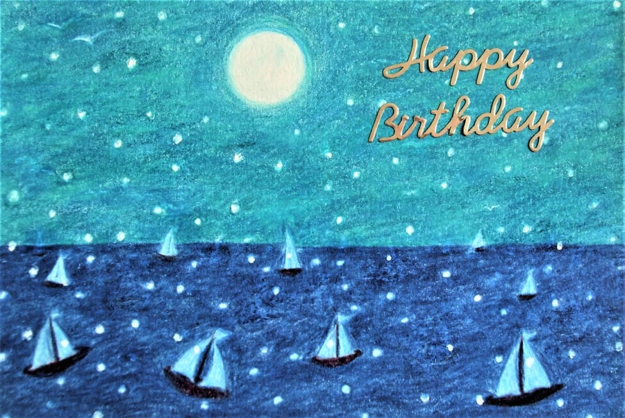 Boat Birthday Card, Sea Card, Sailing Boats Art Card, Blank Birthday Card, Moon