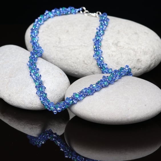 Sapphire Blue with a Touch of Green Crystal Spiral Weave Necklace 