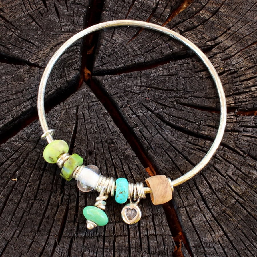 Turquoise bangle, sterling silver handmade bangle, wooden bead, rock crystal