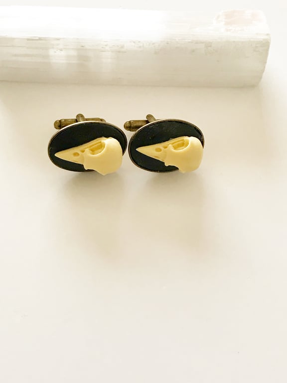 Faux Taxidermy Crow Raven Bird Skull Bronze Cufflinks