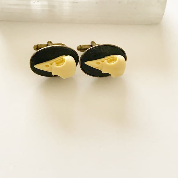 Faux Taxidermy Crow Raven Bird Skull Bronze Cufflinks