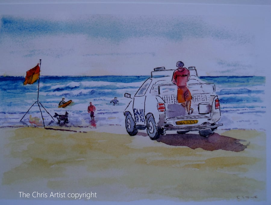 Art print Lifeguard at Bude Cornwall from an original watercolour painting