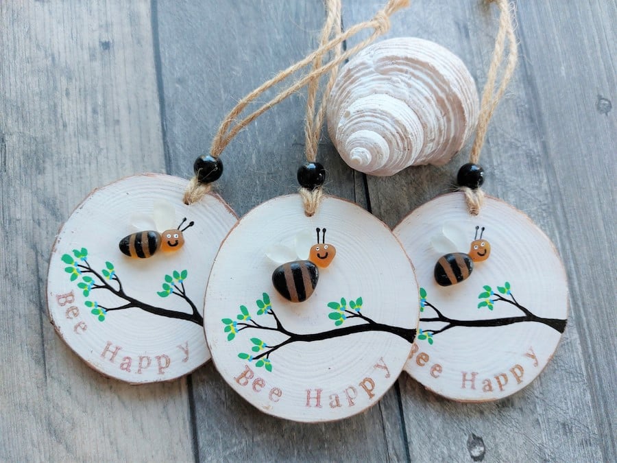 Sea Glass Hanging Decoration, Wood Slice, Bee, Happiness, Cute