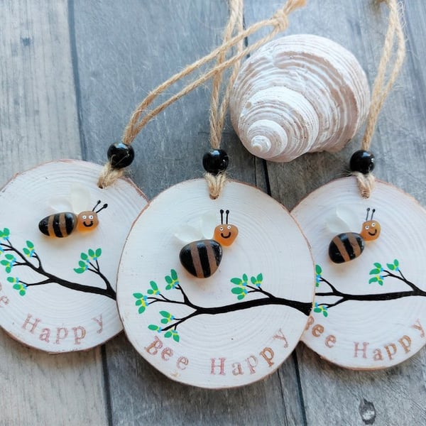 Sea Glass Hanging Decoration, Wood Slice, Bee, Happiness, Cute