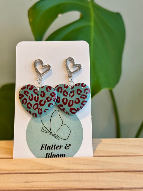 Wild at Heart: Leopard-Print Love Drop Earrings Teal 
