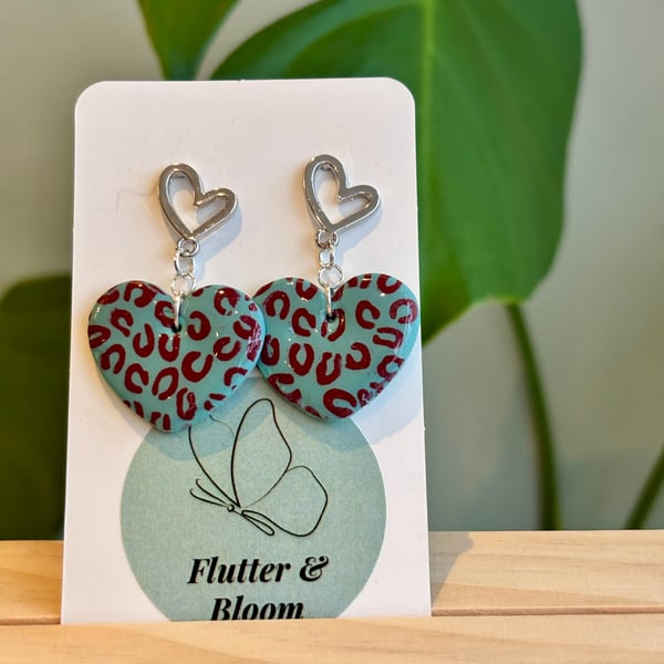 Wild at Heart: Leopard-Print Love Drop Earrings Teal 