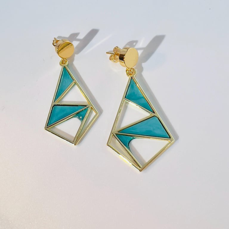 Modern Minimalist Geometric Dangle Earrings: Gold Brass Mosaic Turquoise