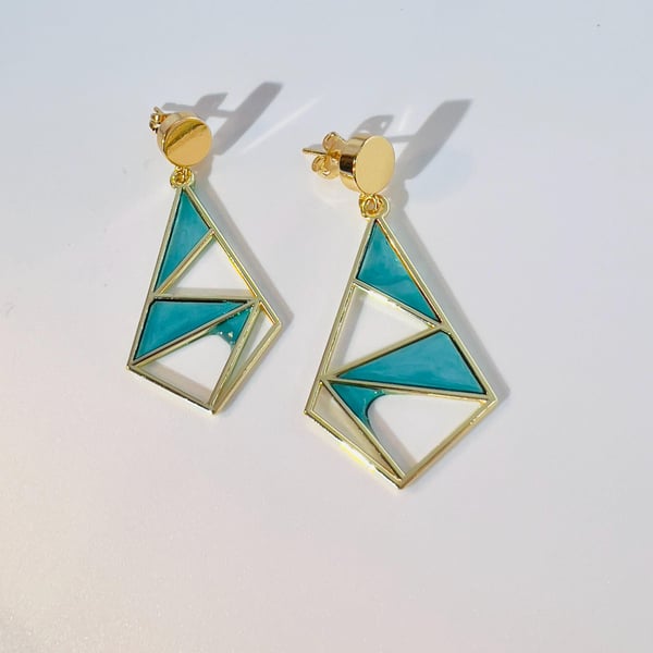 Modern Minimalist Geometric Dangle Earrings: Gold Brass Mosaic Turquoise