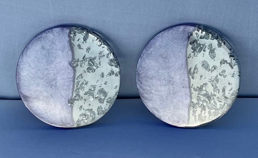 Set of 2 light purple coasters with silver foil leaf.