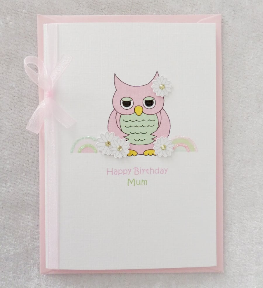 Pink Cute Owl Card - Happy Birthday Mum